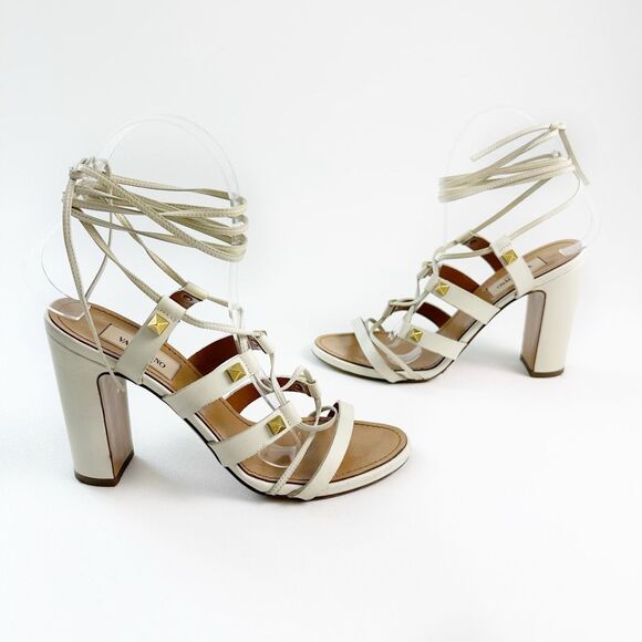 VALENTINO Rockstud White Gladiator Heels Size 37 Sandal Ankle Wrap Tie Lace Up - Picture 4 of 12
